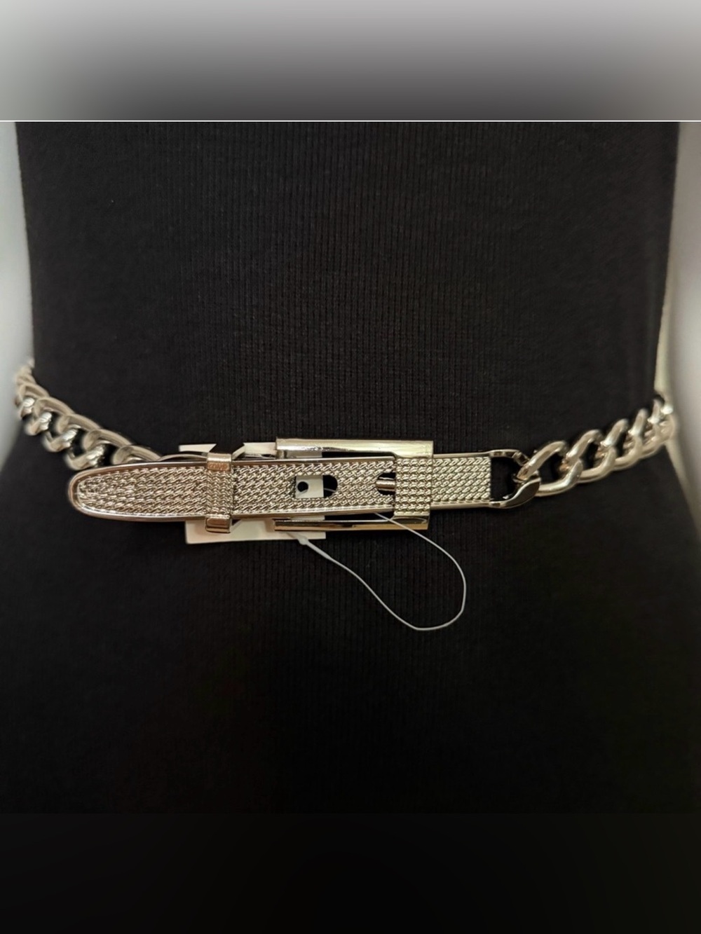 Silver tone metallic skinny chain belt